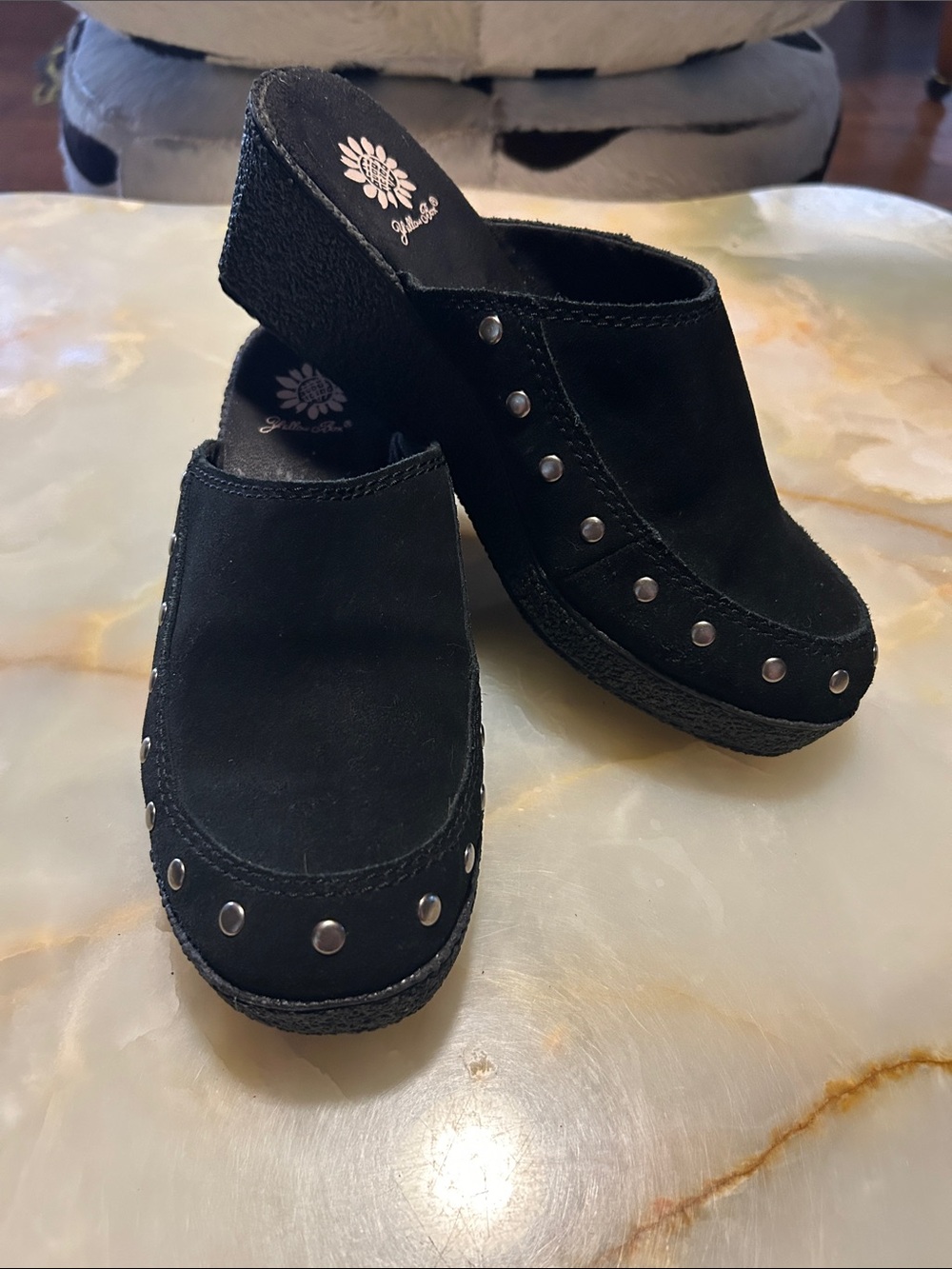 Yellow Box Black Studded Suede Clog Mules